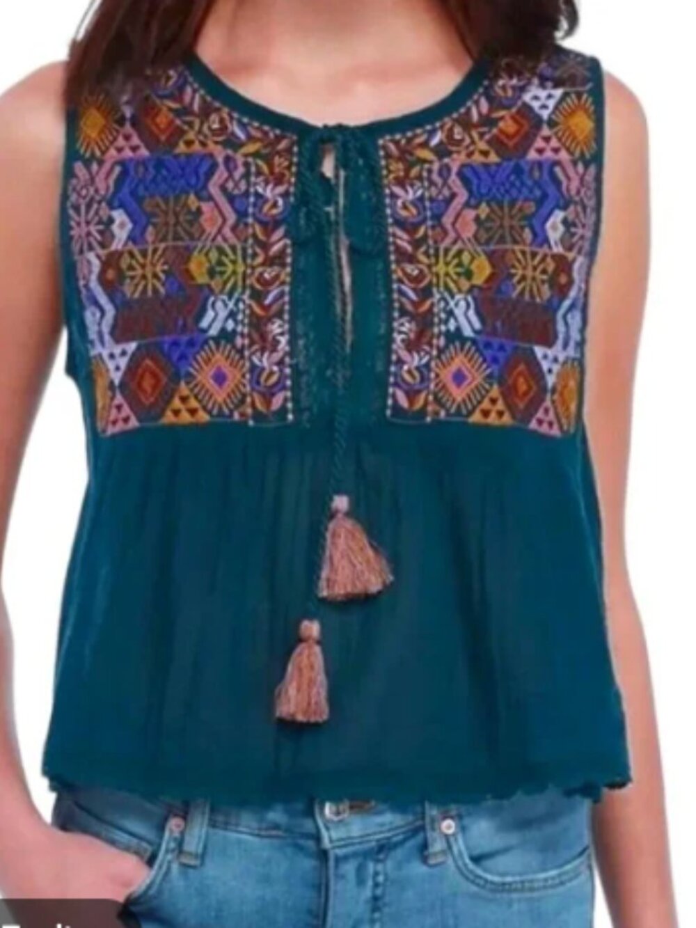 Free People Sleeveless Shirt Top Blouse Dark Teal Embroidered Boho Size Small